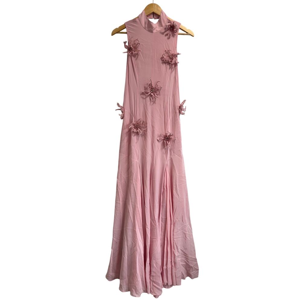 La Fuori 3D Floral Applique Ostrich Feather Pink Silk Backless Dress NWT $780 S - Picture 2 of 8